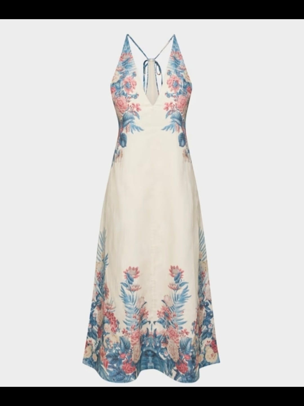 Ivory Floral Halter Midi Dress with Blue & Pink Print